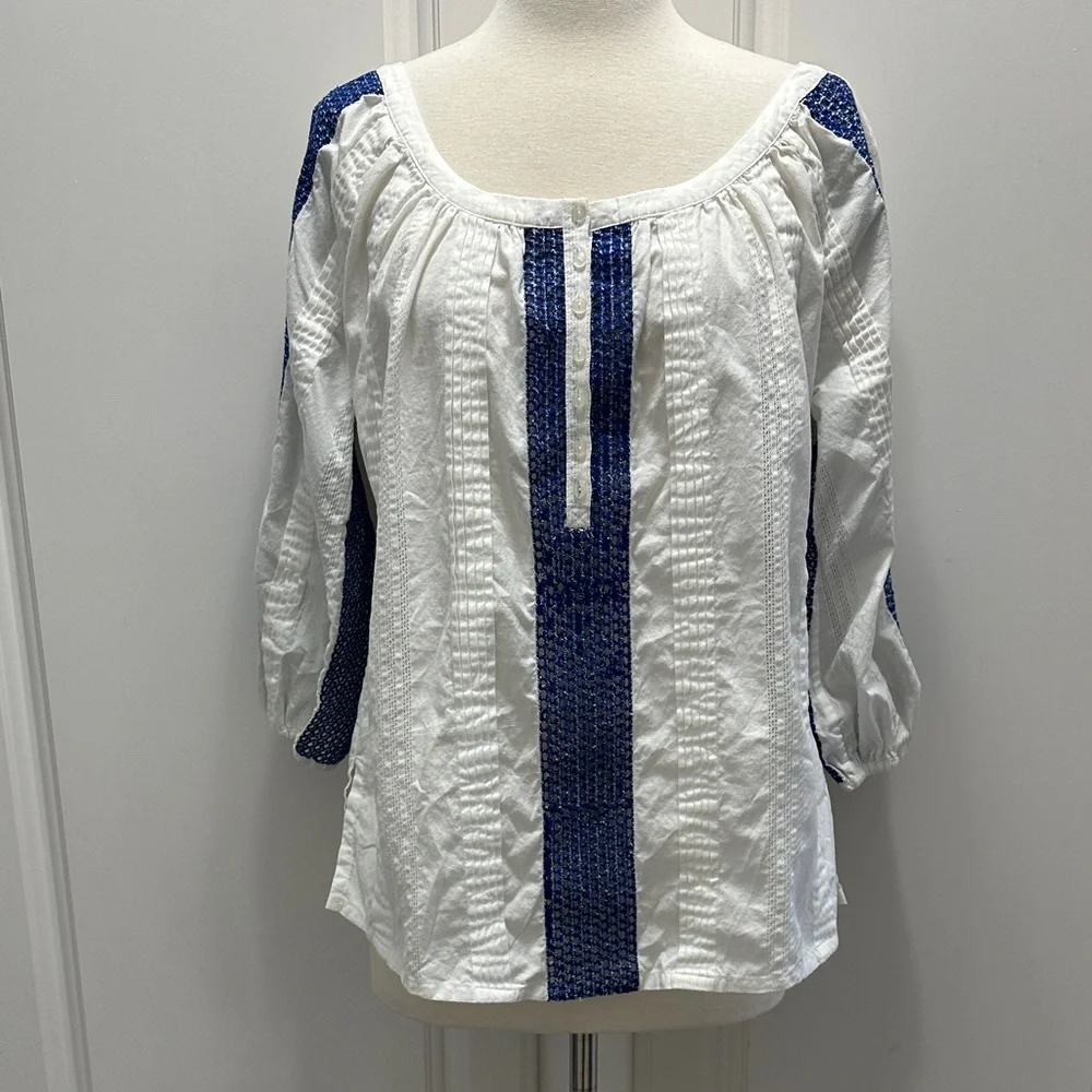 Soft Surroundings White and Navy Blouse - Picture 1 of 11
